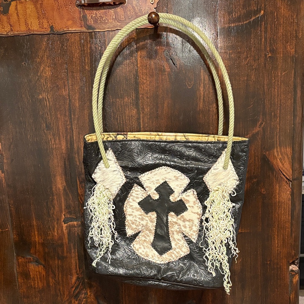 One of a kind handmade leather and cowhide purse